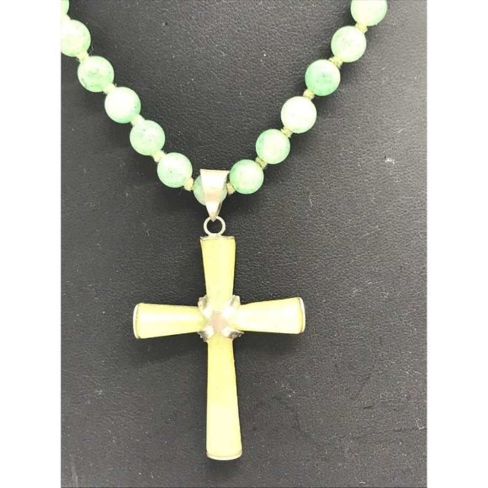 Stone Cross Beads green VTG Clasp‎ Green Aquamarine Necklace Knots 16"